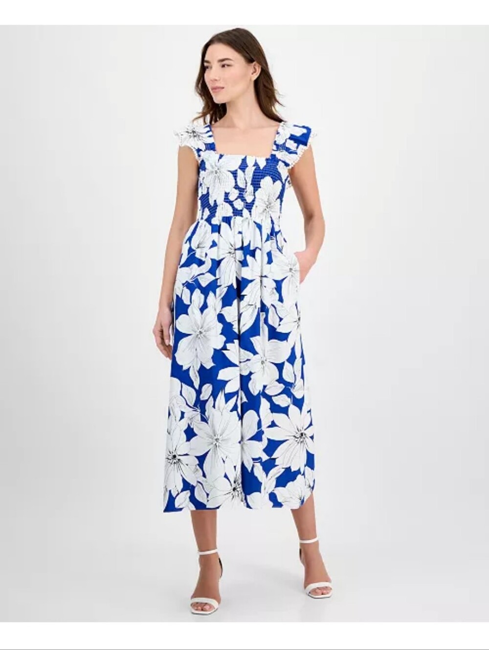 Anne Klein 100% Cotton $139 Blue White Floral Smocked Midi Dress Sz L Coastal